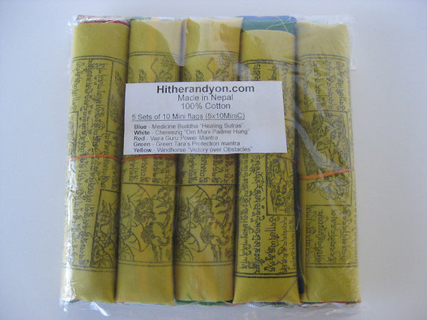 5 rolls of small Tibetan Prayer Flags, 10 flags per roll, 50 flags total