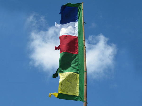 Vertical Tibetan Prayer Flags, Dar-cho, in  high quality cotton with a green border