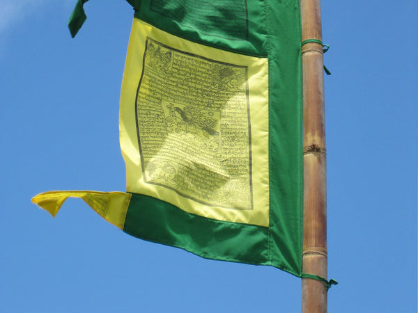 Vertical Tibetan Prayer Flags, Dar-cho, in  high quality cotton with a green border