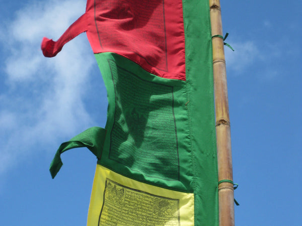 Vertical Tibetan Prayer Flags, Dar-cho, in  high quality cotton with a green border