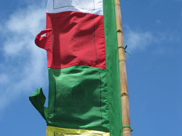 Vertical Tibetan Prayer Flags, Dar-cho, in  high quality cotton with a green border