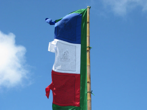 Vertical Tibetan Prayer Flags, Dar-cho, in  high quality cotton with a green border