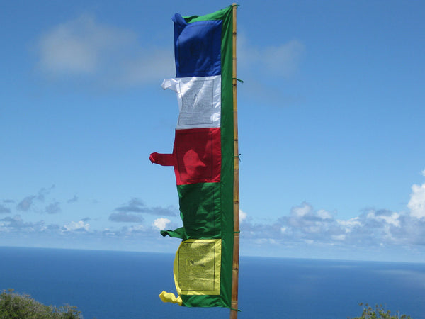 Vertical Tibetan Prayer Flags, Dar-cho, in  high quality cotton with a green border