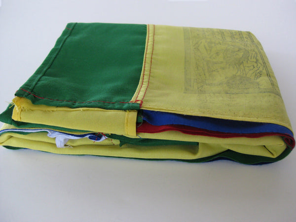 Vertical Tibetan Prayer Flags, Dar-cho, in  high quality cotton with a green border