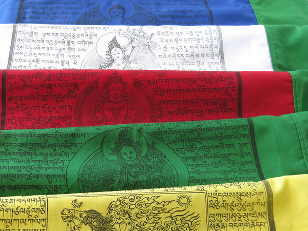Vertical Tibetan Prayer Flags, Dar-cho, in  high quality cotton with a green border