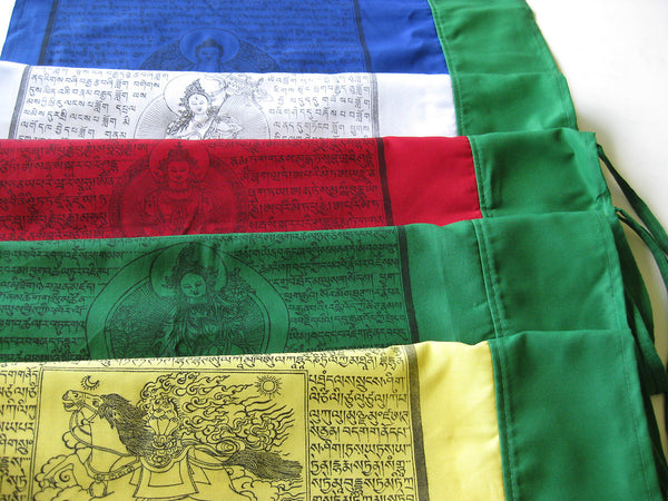 Vertical Tibetan Prayer Flags, Dar-cho, in  high quality cotton with a green border