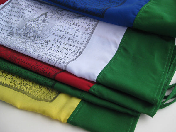 Vertical Tibetan Prayer Flags, Dar-cho, in  high quality cotton with a green border
