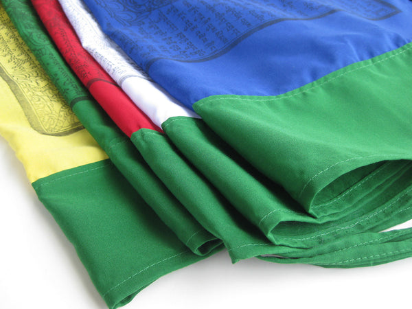 Vertical Tibetan Prayer Flags, Dar-cho, in  high quality cotton with a green border