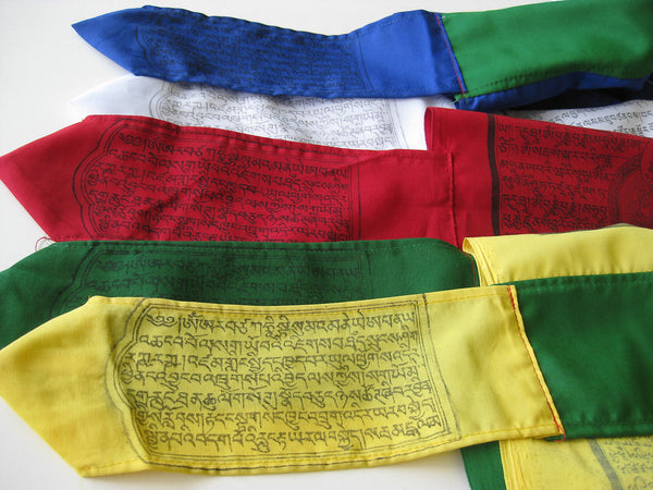Vertical Tibetan Prayer Flags, Dar-cho, in  high quality cotton with a green border