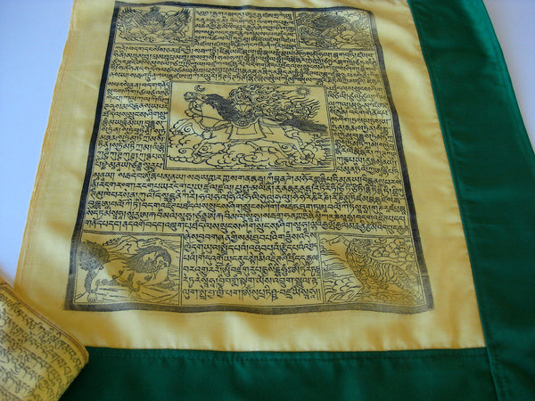 Vertical Tibetan Prayer Flags, Dar-cho, in  high quality cotton with a green border