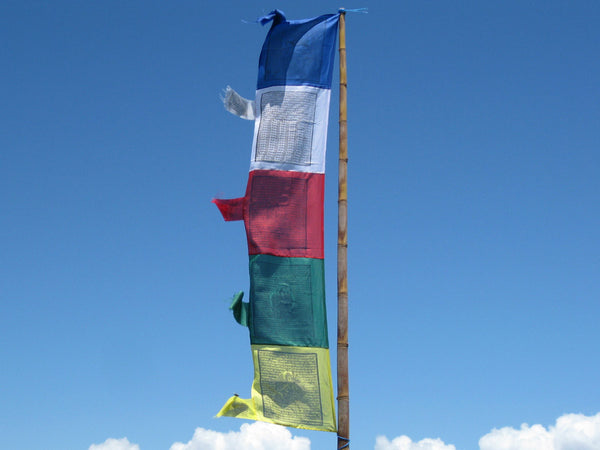 Vertical Tibetan Prayer Flags displaying Gyaltsen Semo, "Swift Accomplishment of Wishes"