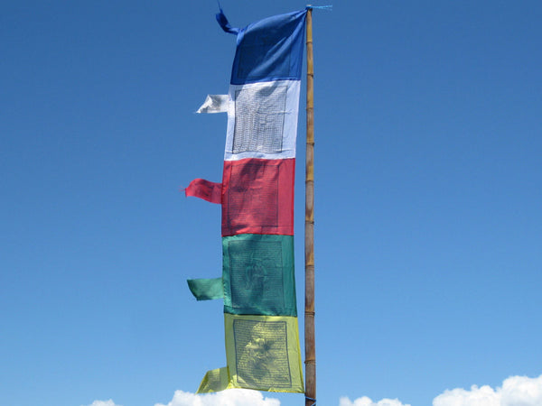 Vertical Tibetan Prayer Flags displaying Gyaltsen Semo, "Swift Accomplishment of Wishes"