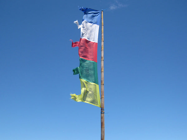 Vertical Tibetan Prayer Flags displaying Gyaltsen Semo, "Swift Accomplishment of Wishes"