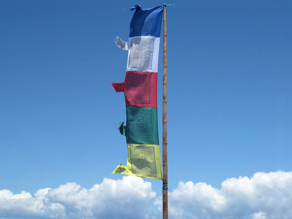 Vertical Tibetan Prayer Flags displaying Gyaltsen Semo, "Swift Accomplishment of Wishes"