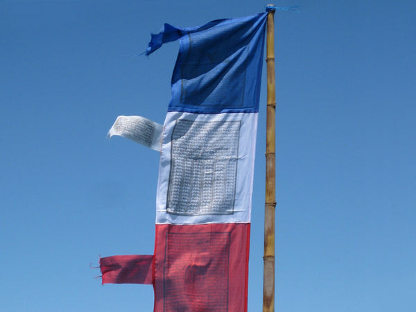 Vertical Tibetan Prayer Flags displaying Gyaltsen Semo, "Swift Accomplishment of Wishes"