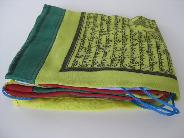 Vertical Tibetan Prayer Flags displaying Gyaltsen Semo, "Swift Accomplishment of Wishes"