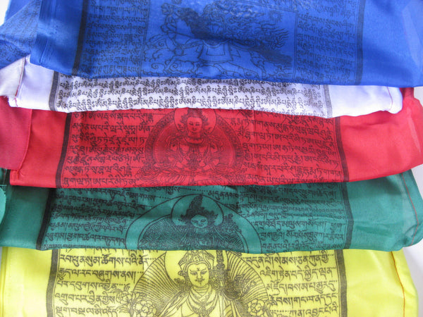 Vertical Tibetan Prayer Flags displaying Gyaltsen Semo, "Swift Accomplishment of Wishes"