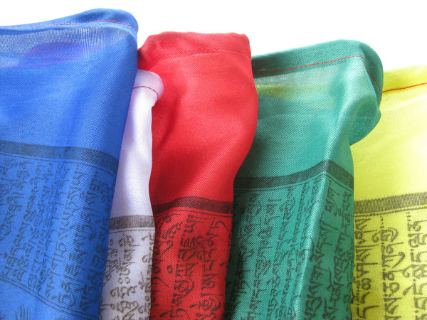 Vertical Tibetan Prayer Flags displaying Gyaltsen Semo, "Swift Accomplishment of Wishes"