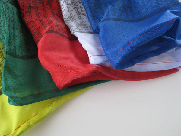 Vertical Tibetan Prayer Flags displaying Gyaltsen Semo, "Swift Accomplishment of Wishes"