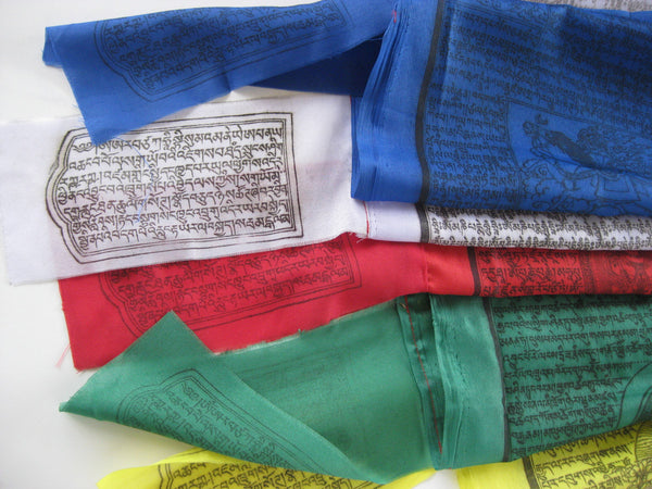 Vertical Tibetan Prayer Flags displaying Gyaltsen Semo, "Swift Accomplishment of Wishes"