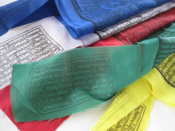 Vertical Tibetan Prayer Flags displaying Gyaltsen Semo, "Swift Accomplishment of Wishes"