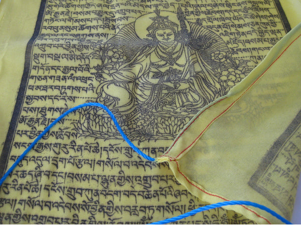 Vertical Tibetan Prayer Flags displaying Gyaltsen Semo, "Swift Accomplishment of Wishes"