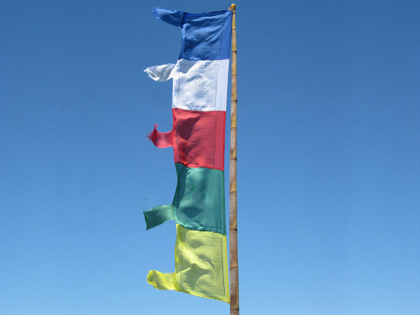 Vertical Tibetan Prayer Flags displaying the Windhorse "Victory Over Obstacles"
