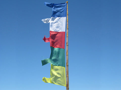 Vertical Tibetan Prayer Flags displaying the Windhorse "Victory Over Obstacles"