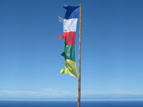 Vertical Tibetan Prayer Flags displaying the Windhorse "Victory Over Obstacles"