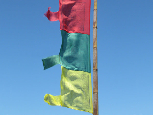 Vertical Tibetan Prayer Flags displaying the Windhorse "Victory Over Obstacles"