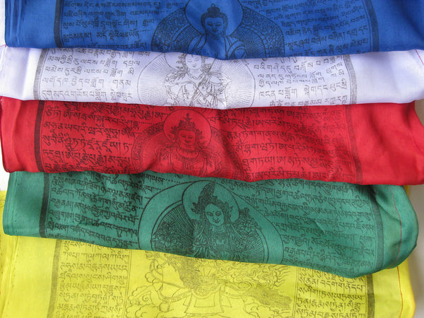 Vertical Tibetan Prayer Flags displaying the Windhorse "Victory Over Obstacles"