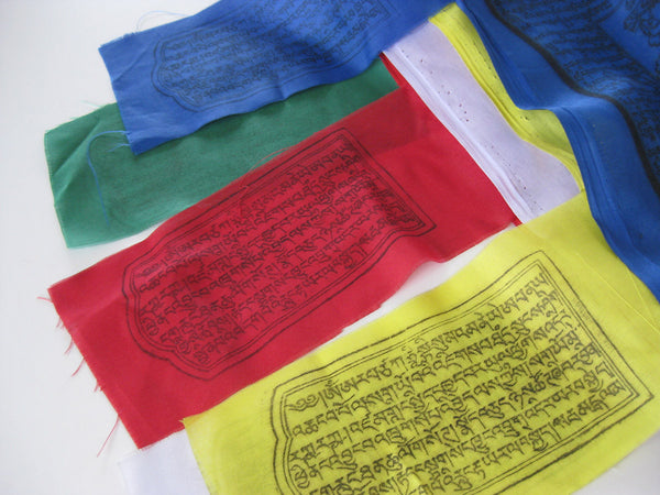 Vertical Tibetan Prayer Flags displaying the Windhorse "Victory Over Obstacles"