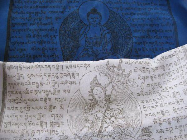 Vertical Tibetan Prayer Flags displaying the Windhorse "Victory Over Obstacles"