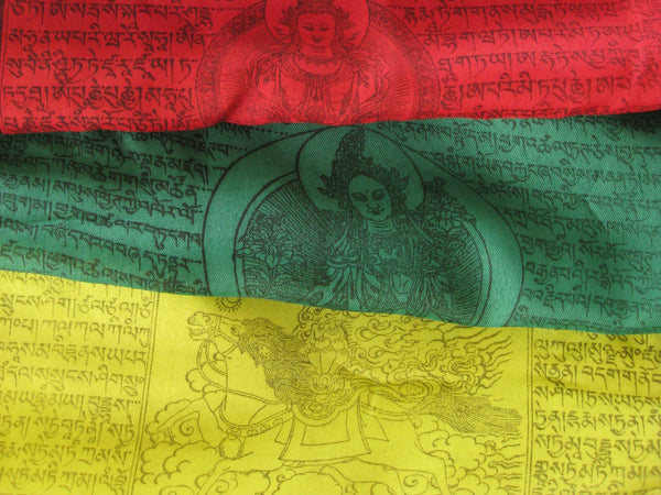 Vertical Tibetan Prayer Flags displaying the Windhorse "Victory Over Obstacles"
