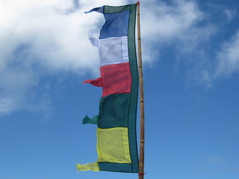Vertical Tibetan Prayer Flags displaying the Windhorse "Victory Over Obstacles"