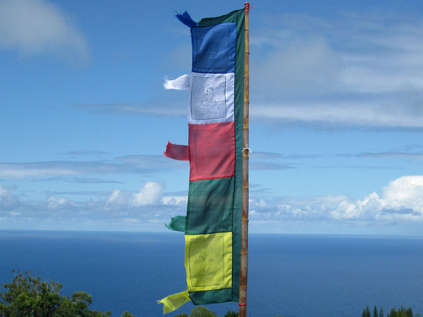 Vertical Tibetan Prayer Flags displaying the Windhorse "Victory Over Obstacles"