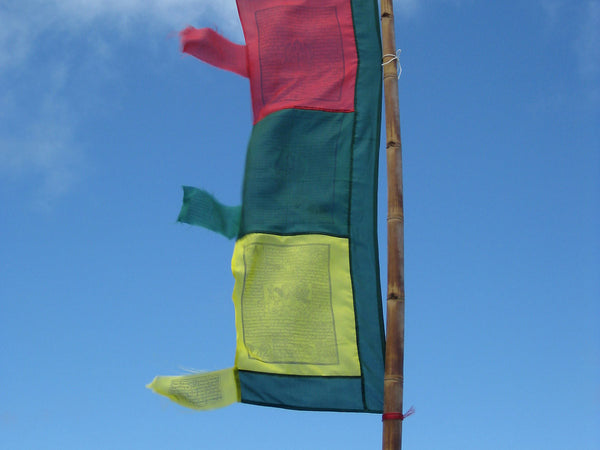 Vertical Tibetan Prayer Flags displaying the Windhorse "Victory Over Obstacles"