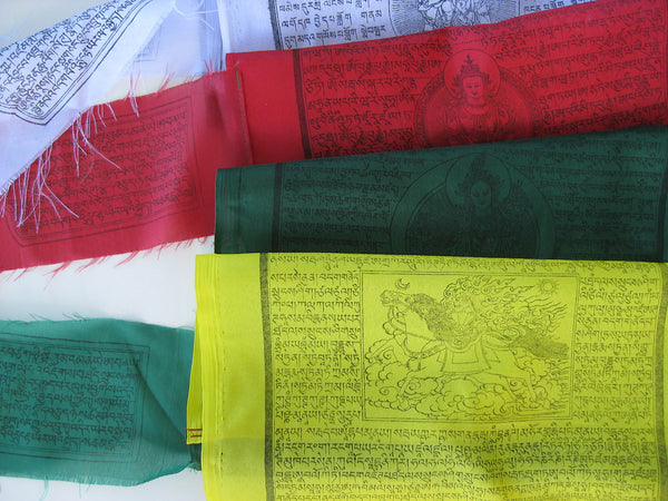 Vertical Tibetan Prayer Flags displaying the Windhorse "Victory Over Obstacles"