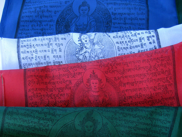 Vertical Tibetan Prayer Flags displaying the Windhorse "Victory Over Obstacles"