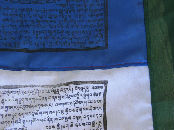 Vertical Tibetan Prayer Flags displaying the Windhorse "Victory Over Obstacles"
