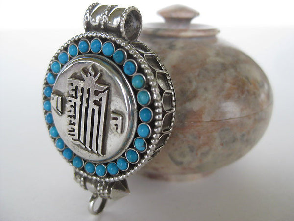 Turquoise Silver Gau Locket ~ Kalachakra, Time Wheel