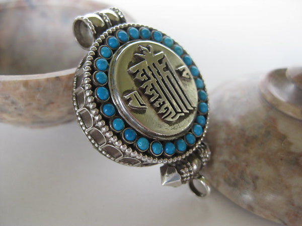 Turquoise Silver Gau Locket ~ Kalachakra, Time Wheel