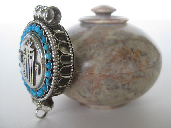 Turquoise Silver Gau Locket ~ Kalachakra, Time Wheel