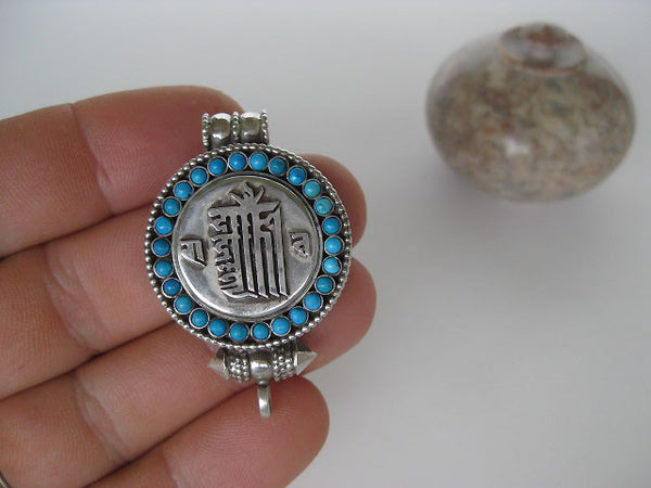 Turquoise Silver Gau Locket ~ Kalachakra, Time Wheel