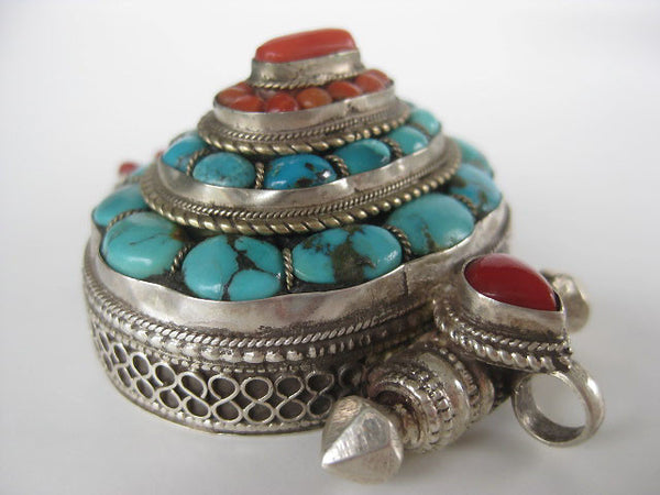 Fabulous Turquoise and Coral Sterling Silver Gau Locket