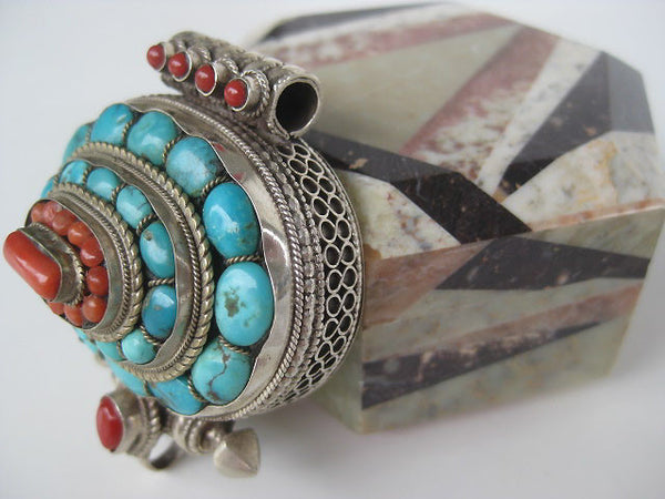 Fabulous Turquoise and Coral Sterling Silver Gau Locket