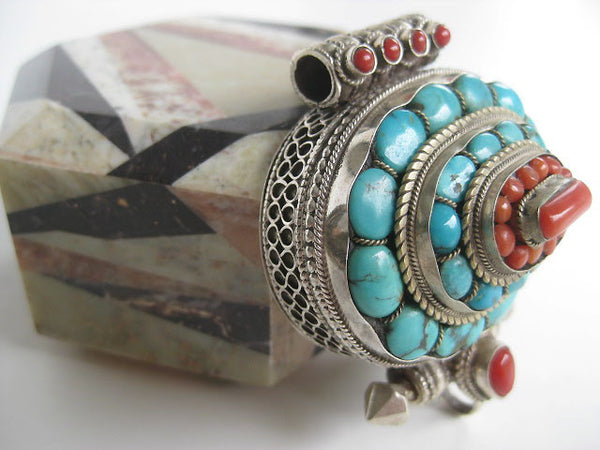Fabulous Turquoise and Coral Sterling Silver Gau Locket