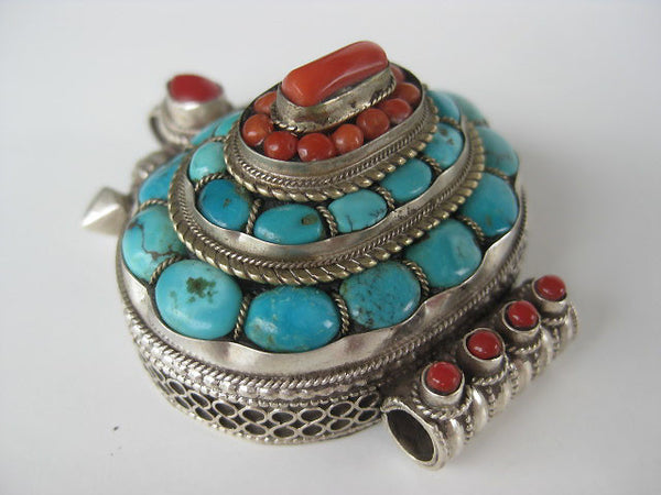 Fabulous Turquoise and Coral Sterling Silver Gau Locket