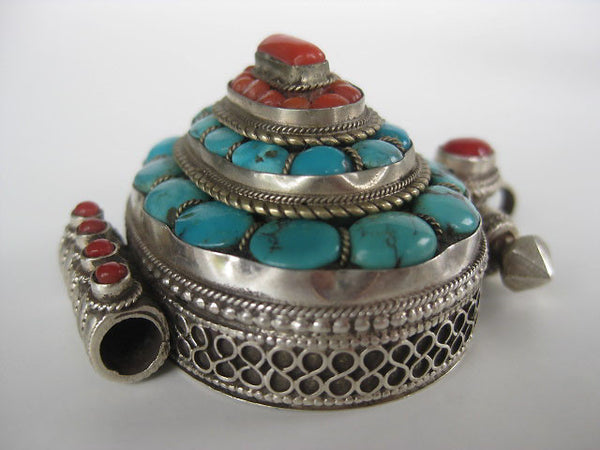 Fabulous Turquoise and Coral Sterling Silver Gau Locket