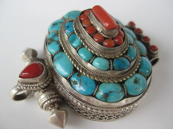 Fabulous Turquoise and Coral Sterling Silver Gau Locket